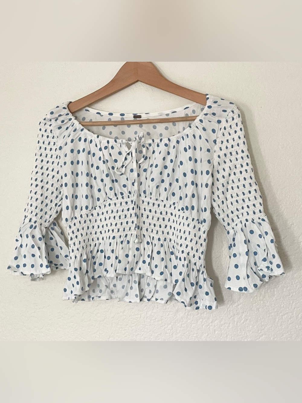 Free People White Peasant Blouse with Blue Polka Dots